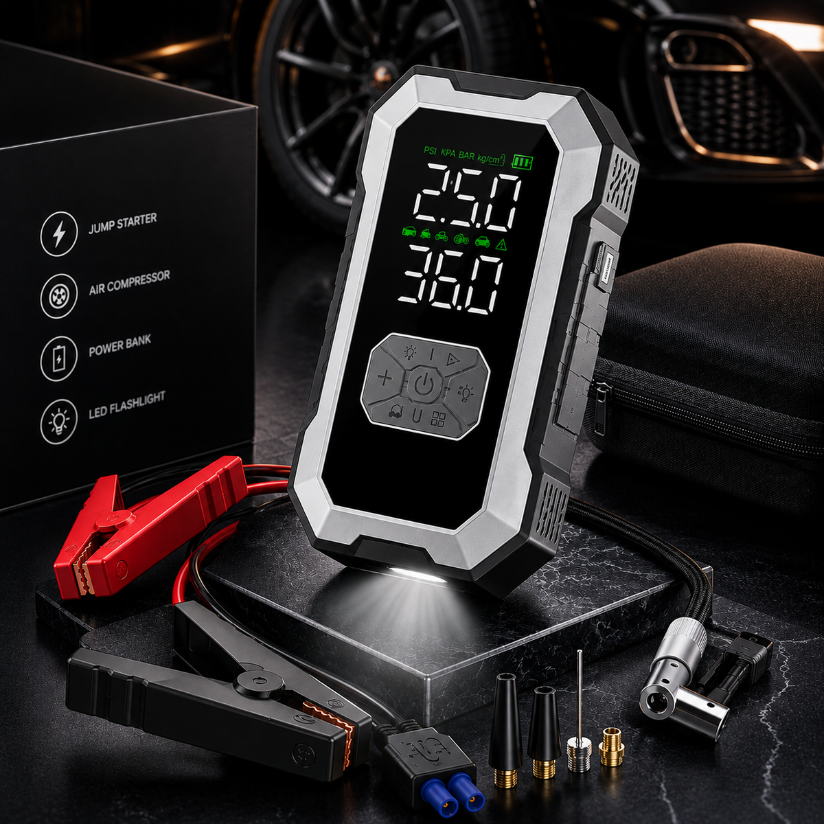 DriveSupply Booster Plus™ – 4-in-1 Emergency Jump Starter & Compressor